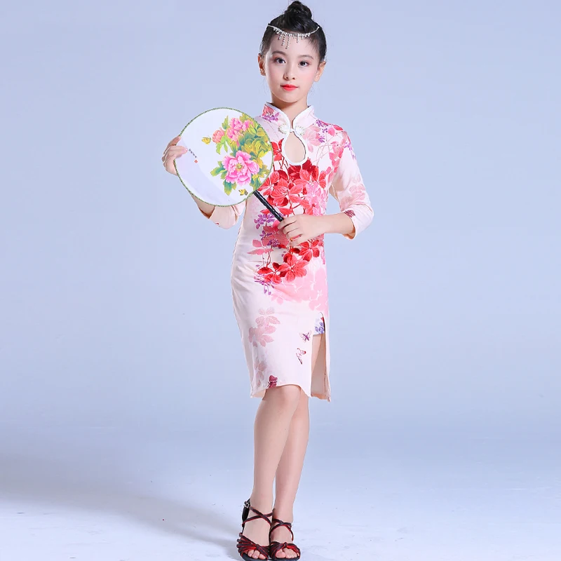 Платье Ципао с цветочным принтом для маленьких девочек от 4 до 14 лет китайское