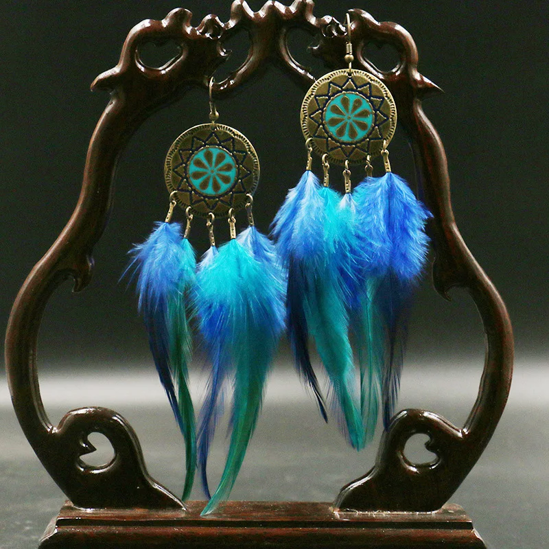 Feather Dangle Earrings For Women Tassel Long Hanging Drop Female Blue Bohemia Fashion Party Jewelry Ear Decoration | Украшения и