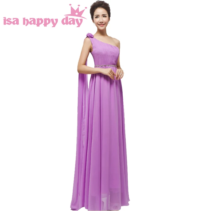 Женское длинное шифоновое платье подружки невесты Сиреневое на одно плечо с