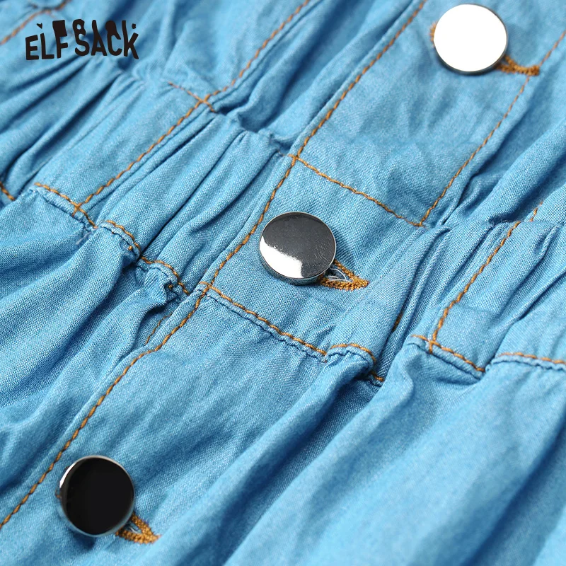 Женские винтажные джинсовые платья ELF SACK небесно голубое дамское хлопковое