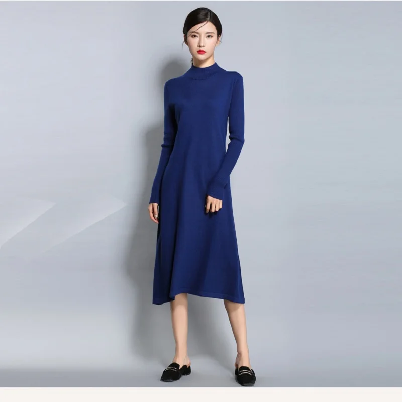 

Hot Sale Women Dress Cashmere Blend Knitting Dress Winter Warm Turtleneck Woman Knit Wear Longer Woolen Woman's Gown Clothing