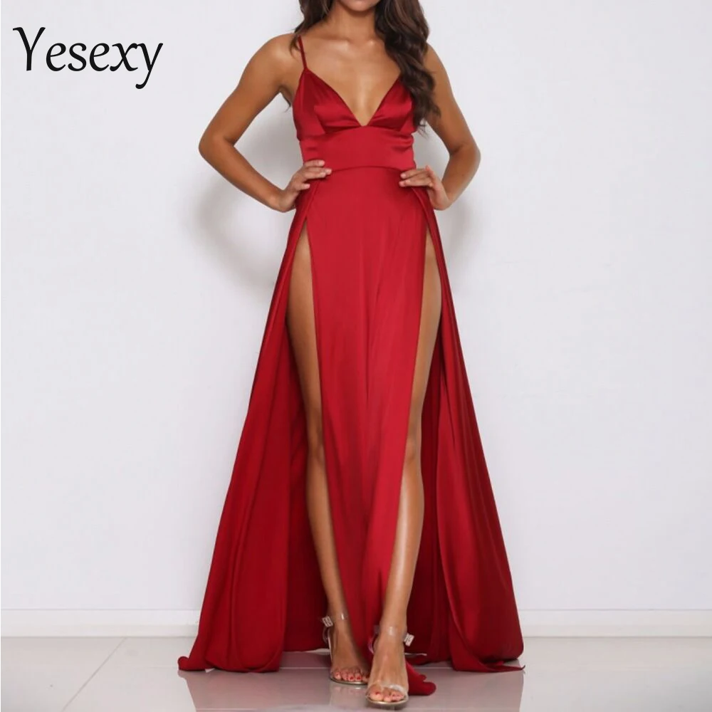 Yesexy 2020 Women Sexy New Clubwear Evening High Split Dresses Female Red Color Christmas Party Elegant Maxi Dress VR8191 | Женская