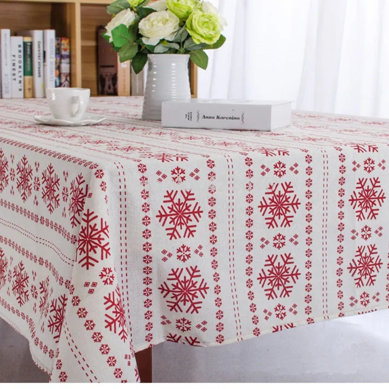 

Christmas Tablecloth Red Snowflake Printed Cotton Linen Table Cloth Dust Covers Home Hotel Party Xmas Dining Room Decoration
