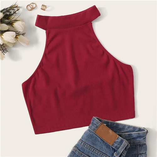 Burgundy SweatyRocks женский топ с бретелькой через шею,, модный летний Повседневный Топ с открытой спиной, Женский облегающий сексуальный жилет - Цвет: Burgundy
