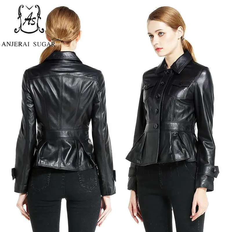 

2017 women leather jacket coat Black brown sheepskin genuine leather motorcycle female sexy OL Slim Button Pleated short jacket