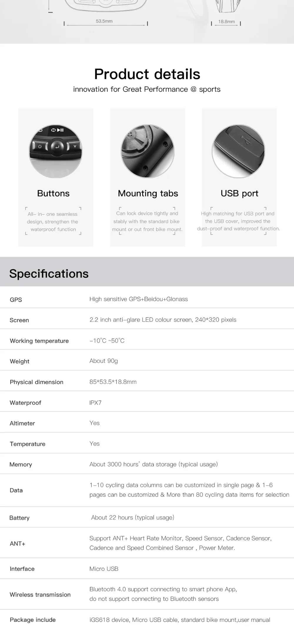Gps велосипедный измеритель мощности iGS618 i gps порт циклический компьютер gps навигация Спидометр IPX7 3000 часов хранения данных