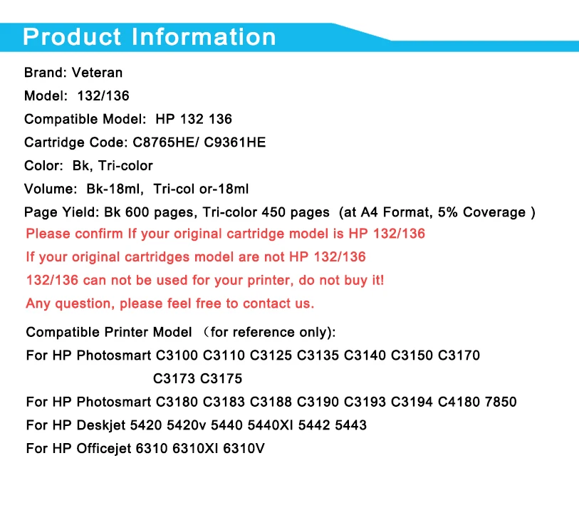 Ветеран 132 совместимый картридж с чернилами Замена для hp Photosmart C3100 C3183 C3150 кгс 1510 1513