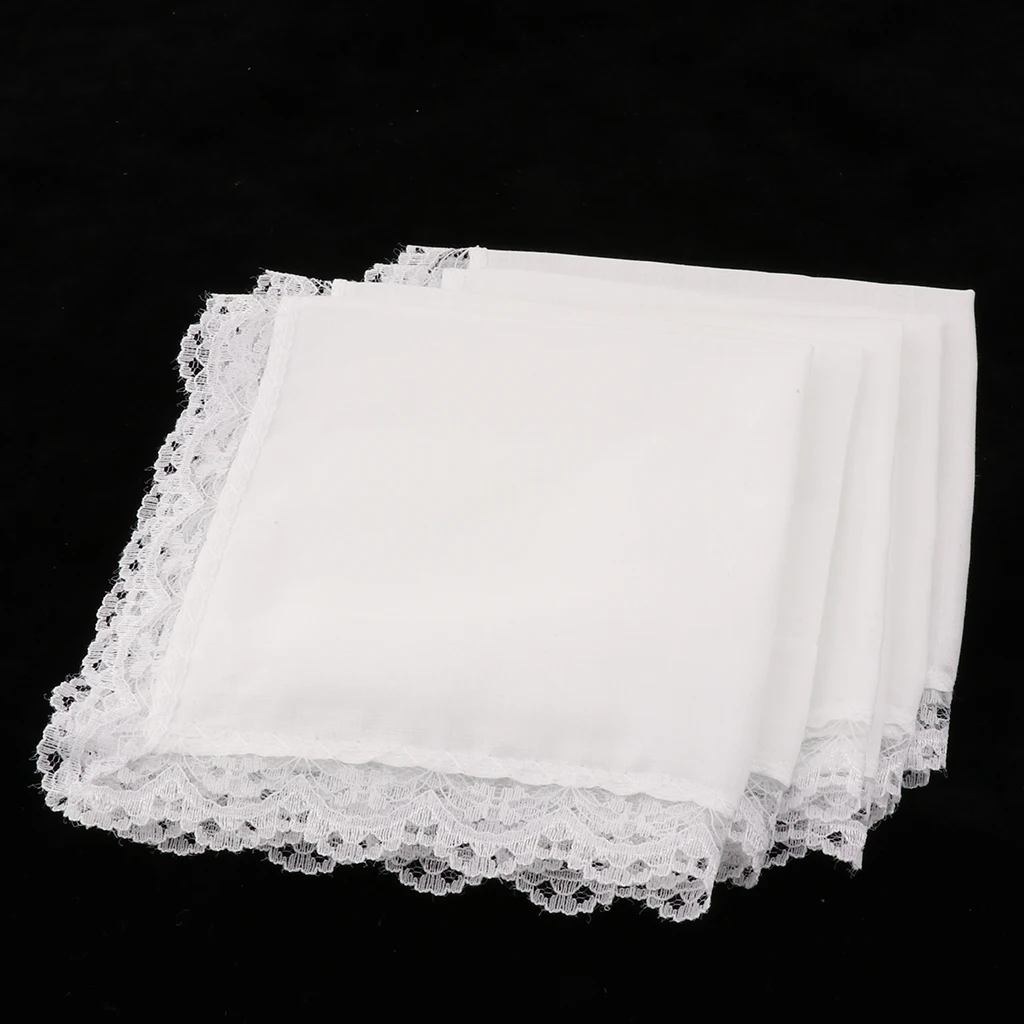 5 Pieces Ladies Embroidery Cotton Handkerchiefs Lace Border White Hanky for Wedding Party Banquet images - 6
