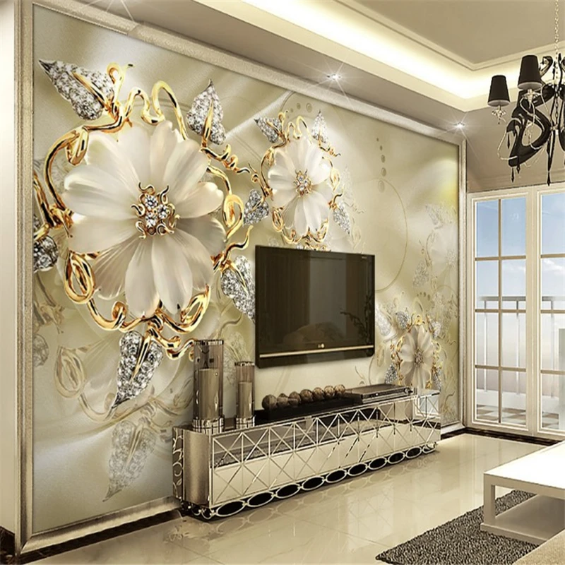

beibehang scale custom murals 3d European court style gold jewelry flowers flower TV backdrop papel de parede para quarto