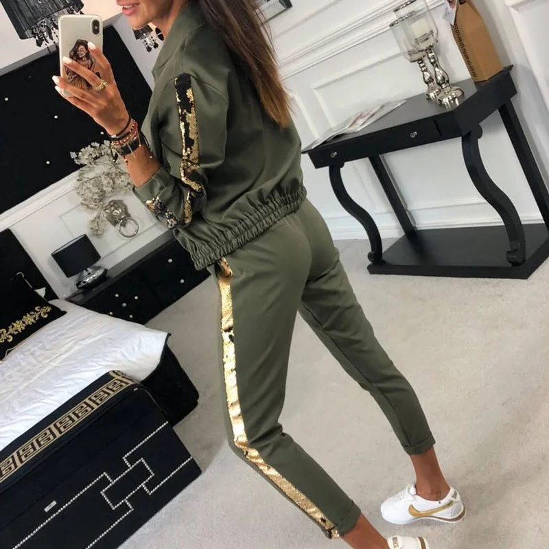 

BKLD Fall Outfit Women 2018 Casual Tracksuit Women 2 Piece Set Top And Pants Sequined Patchwork Zipper Outwear Sexy Sweat Suit