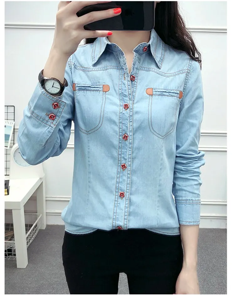 Light blue Новинка, весна-осень, Женская хлопковая блуза с карманами и отложным воротником, с длинным рукавом, синяя джинсовая рубашка, повседневные топы - Цвет: Light blue