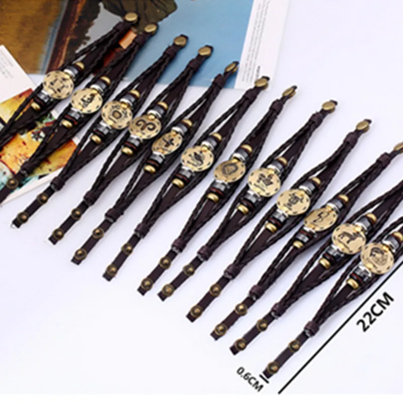 12 созвездий кожаный браслет подарок на день рождения тканый с регулируемой