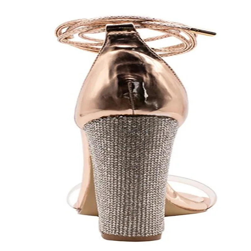 

Women Heeled Sandals Bandage Rhinestone Ankle Strap Pumps Super High Heels 11 CM Square Heels Lady Shoes