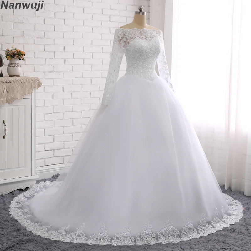 

Ball Gown long Sleeve Cheap Wedding Dresses Boat Neck Lace Appliques Lace Bridal Gowns Crystal Sashes Vestido De Novias