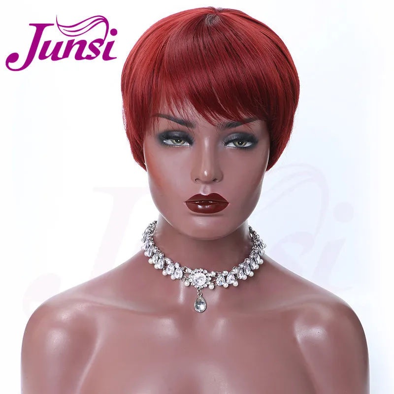 JUNSI Волосы Короткие Красный Черный Pixie Cut синтетические парики для женщин натуральные парики