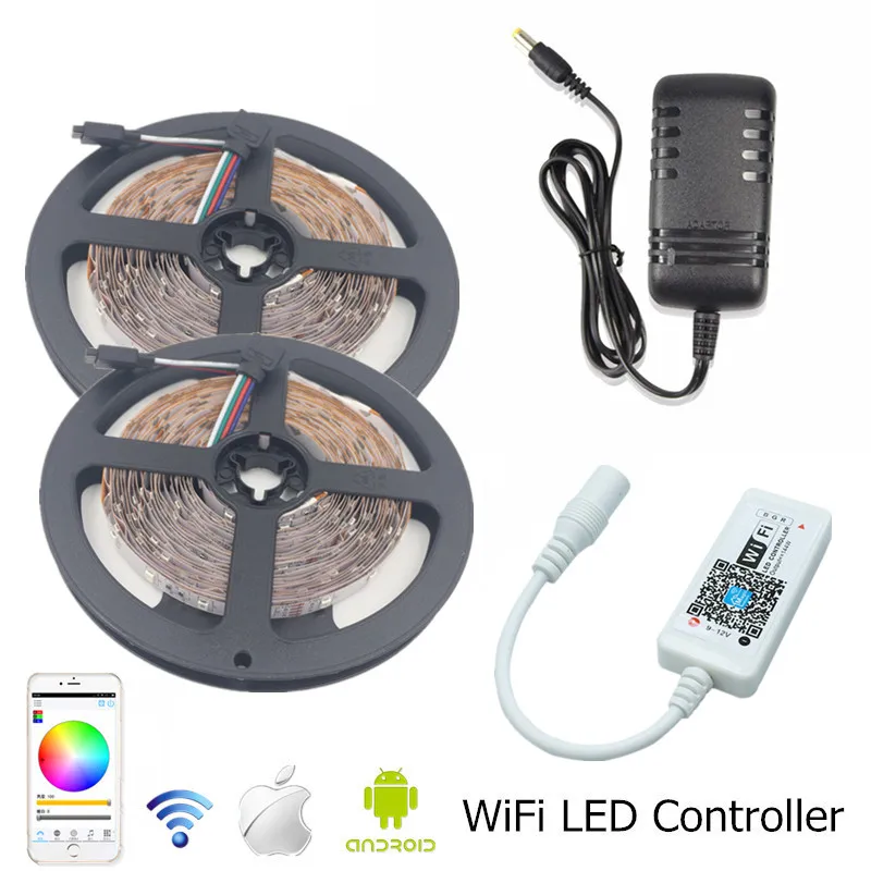 10m full set Wifi RGB светодиодный светильник 5 м 10 м 15 м SMD 3528 не Водонепроницаемая светодиодная лента+ мини WiFi светодиодный RGB контроллер+ 12 В 2A 3A 5A источник питания - Испускаемый цвет: 10m full set