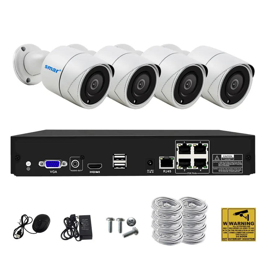 Smar 4CH 4MP POE NVR Kit IP Камера CCTV Системы HDMI безопасности H.265 открытый металлический
