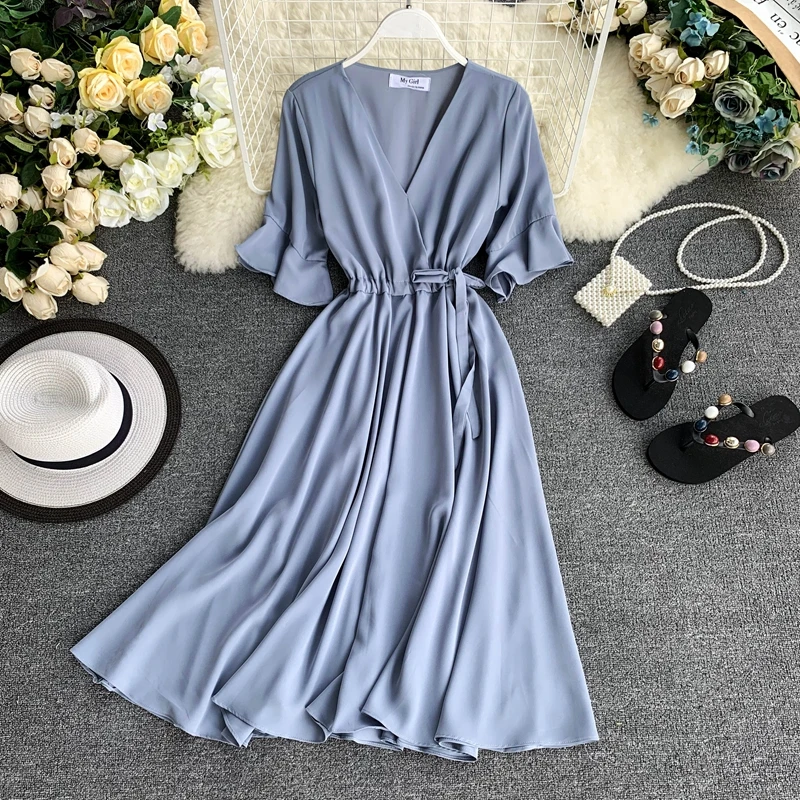 Women Summer New Fashion Sexy V Neck Short Sleeve Dress Ladies Below Knee Length Dresses Vestido Blue/Apricot | Женская одежда