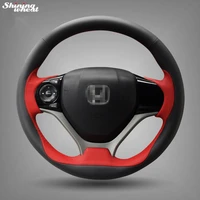shining wheat hand stitched black red leather steering wheel cover for honda civic 2012 2013 2014 car special