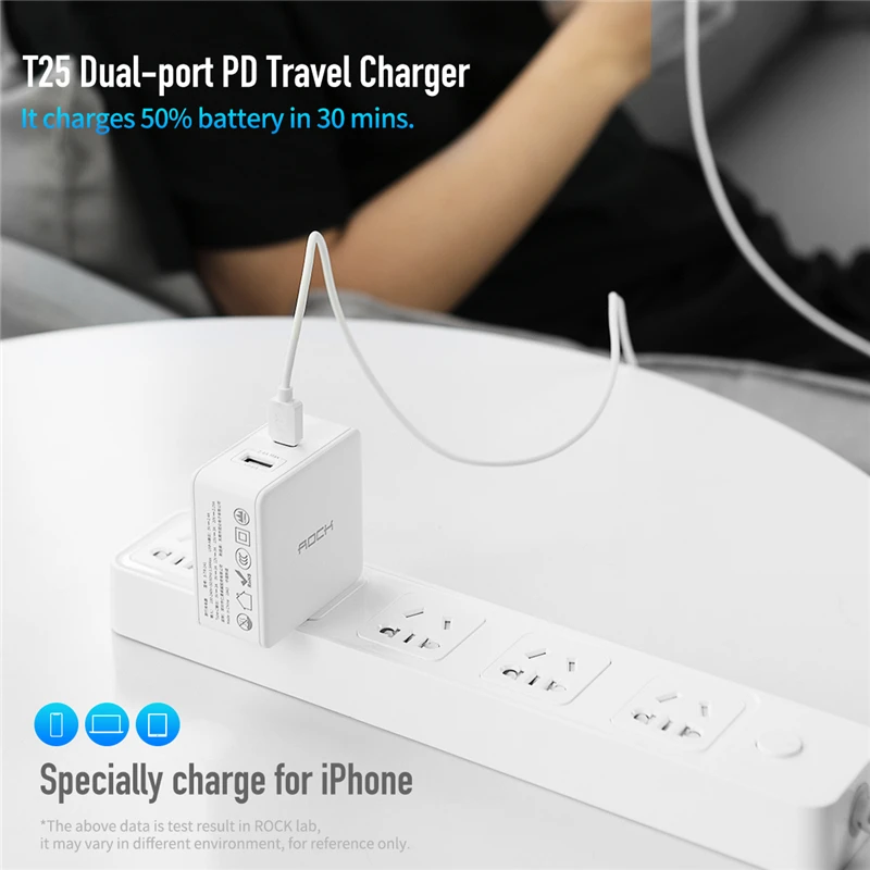 PD 45 Вт двойное зарядное устройство USB Quick Charge ROCK US Plug для iPhone XS Max XR X 8 plus type C быстрое