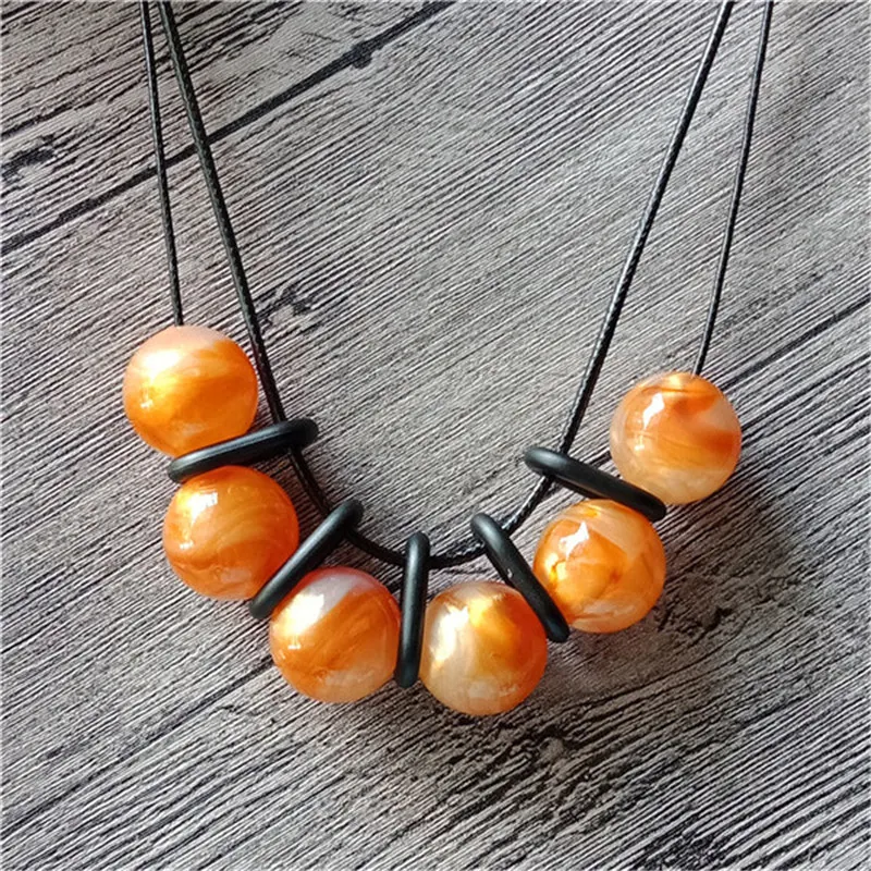 green Color Round Shining Statement Necklace For Women Short Bib Choker Geometric Cut Leather Strap Chain Fashion Jewelry | Украшения и