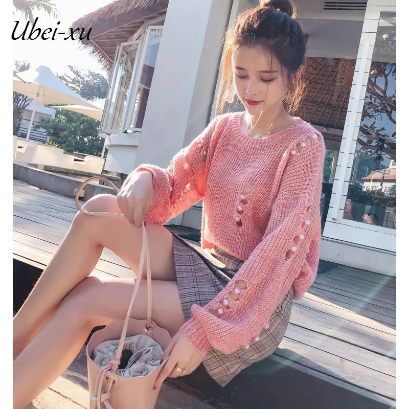 Ubei Fahion Baggy bubble sleeves broken holes beads plain color loose knitted sweater fashion pullovers | Женская одежда