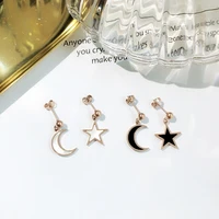 yun ruo 2018 fashion asymmetric star moon stud earring woman rose gold color titanium steel jewelry girl birthday gift not fade
