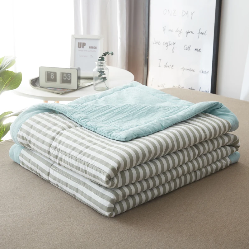 &iexcl;S&uacute;per c&oacute;modo! Edred&oacute;n fino y fresco de algod&oacute;n para el hogar, ropa de cama con rayas verdes de calidad, aire acondicionado de verano, Duvets49-1