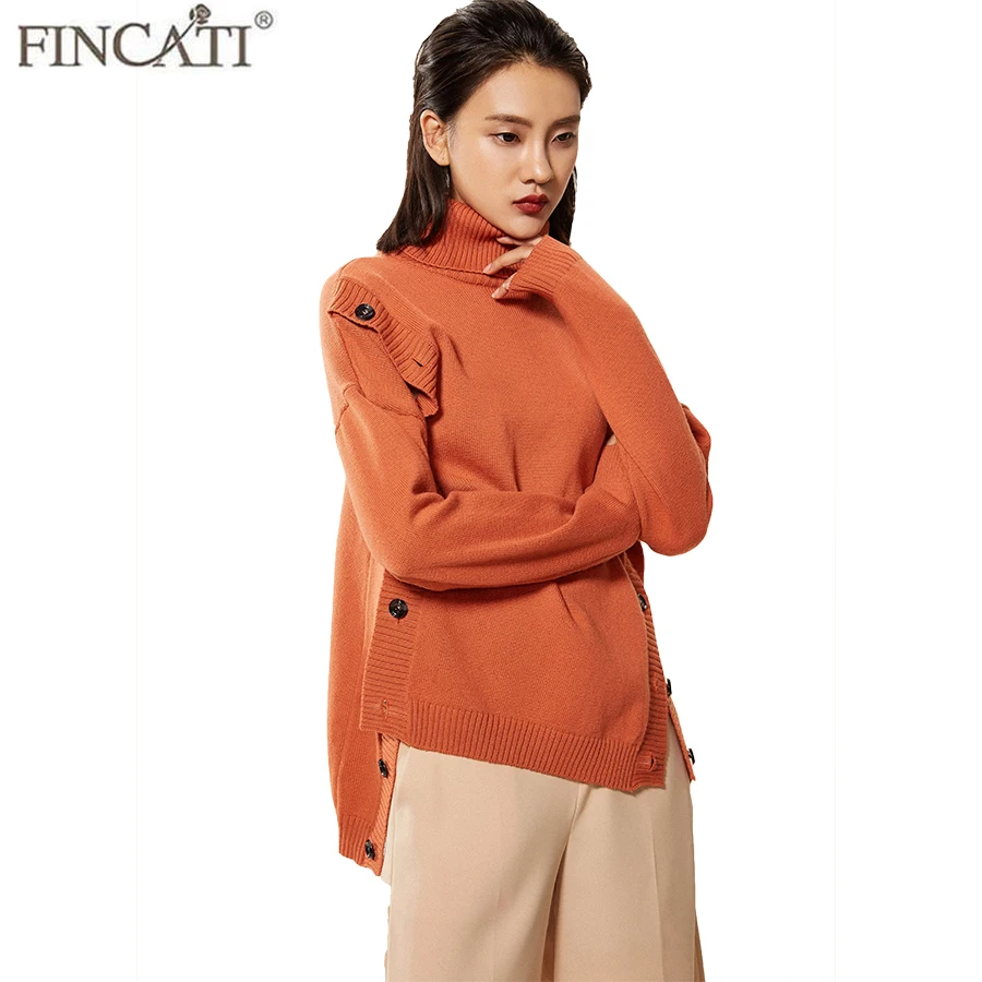 Women Sweater High End 100% Cashmere Long Sleeve Irregular Hem Buttons Side Warm Turtleneck Sweaters Pullover Jersey | Женская одежда