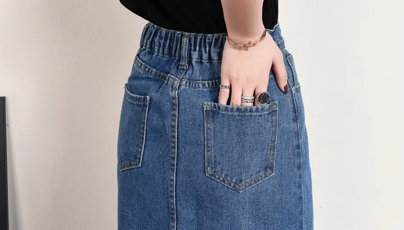 Women Plus Size Front Split Office Lady Straight Denim Skirts 7Xl 8Xl Spring Summer Mid Long Jeans Skirts Mid-Calf Mom Jeans