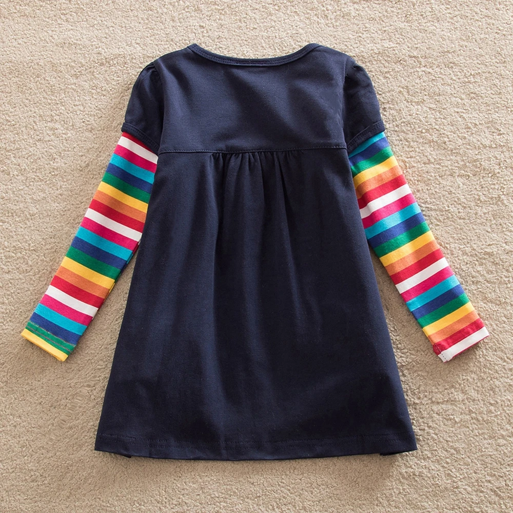 JUXINSU Cotton Girls Flower Embroidery Long Sleeve Dresses Rainbow Autumn Winter Casual Dress Clothing for Girl 1-8 Years | Детская