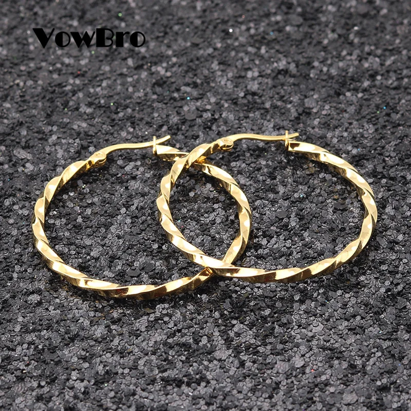 VowBro Girls Women Earrings 304 Stainless Steel Hoop Gold color Twist Round 15-60mm | Украшения и аксессуары