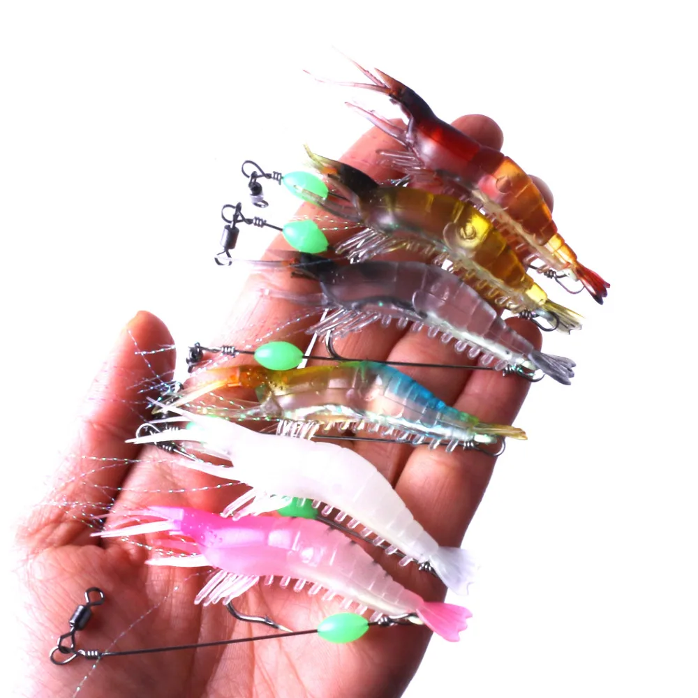 6Pcs/lot Soft Shrimp Fishing Lures With Glow Hook Luminous Bait 8cm 5.3g Fly Lead Carp Pesca Tackle | Спорт и развлечения