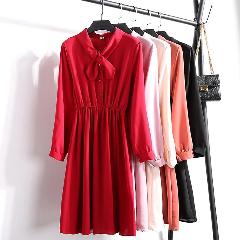 Женское шифоновое платье с бантом на воротнике однотонное винтажное однобортное