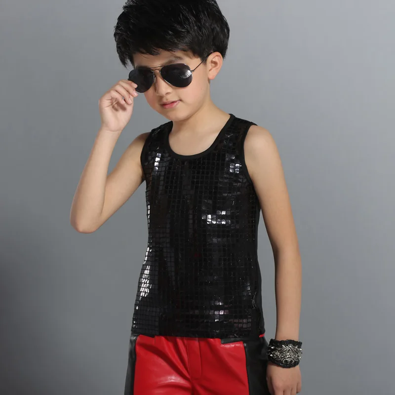 

Jazz Costume Boys Sequined Vest Top Children Street Clothes Hip Hop Dancing Outfits Modern Stage Show Party Dance Wear DN2958