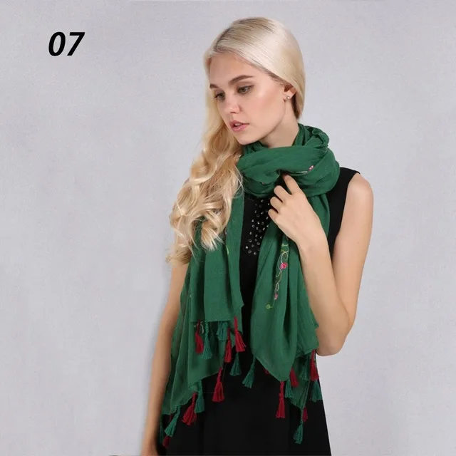 07 Dark Green Sparsil женский весенний хлопковый льняной шарф с вышивкой, летний длинный большой шарф с кисточками, мягкий головной платок, хиджаб, летняя пляжная шаль - Цвет: 07 Dark Green