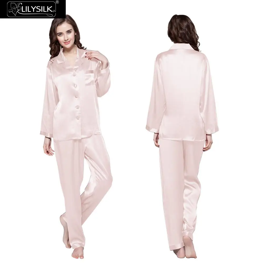 LilySilk Пижама женская костюм комплект белье 16momme Шелк Дамы домашняя одежда для женщин - Цвет: Light Pink