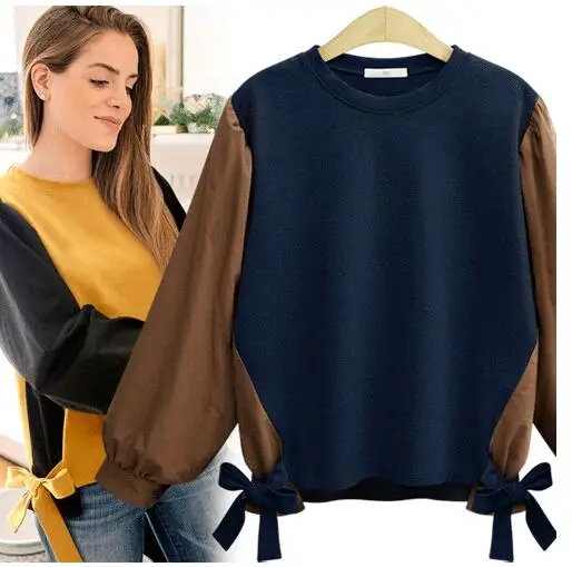 L-4xl Plus Size Cotton Blusas Kimono Women Autumn Winter Patchwork Lace-up Bow Blouses Europe Loose Female Shrit Tops New