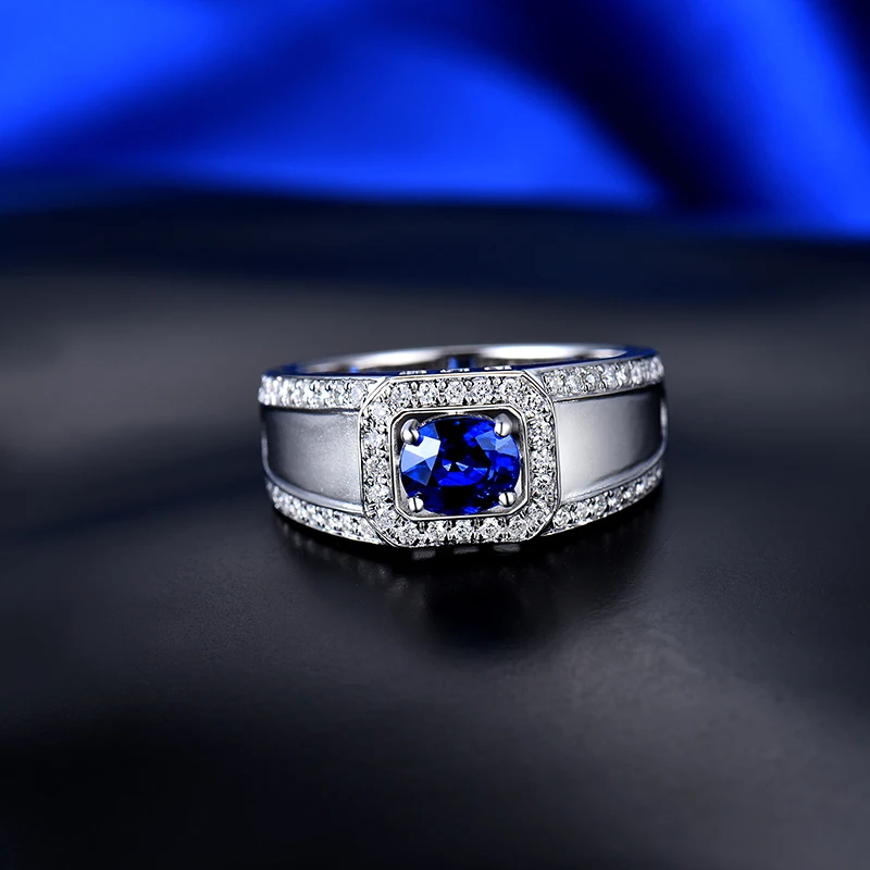 Модные мужские украшения из натурального синего сапфира Чистое Белое золото 14 к
