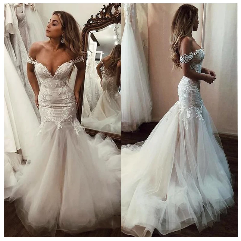 SoDigne Off The Shoulder Appliqued Lace Mermaid Wedding Dresses 2022 Mermaid/Trumpet Train Illusion bridal gown dress White