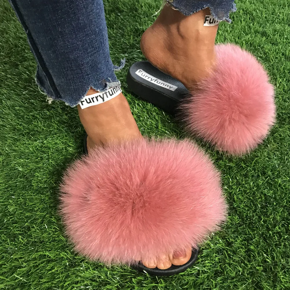 Меховые шлепанцы на меху Цвет Красный женские сандалии с натуральным лисьим