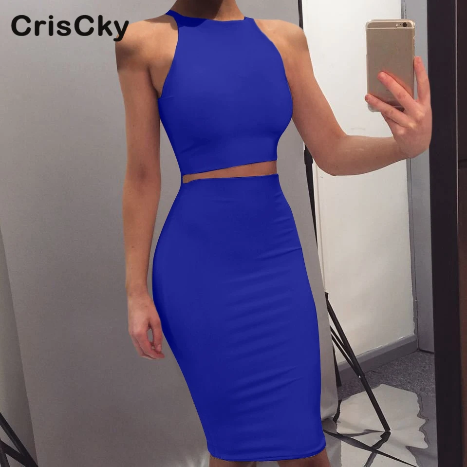 CRISCKY 2019 Summer Sexy Two Pieces Set Women Clothing T Shirt Tops Elastic Waist Knee Length Slim Skirt Outfits | Женская одежда