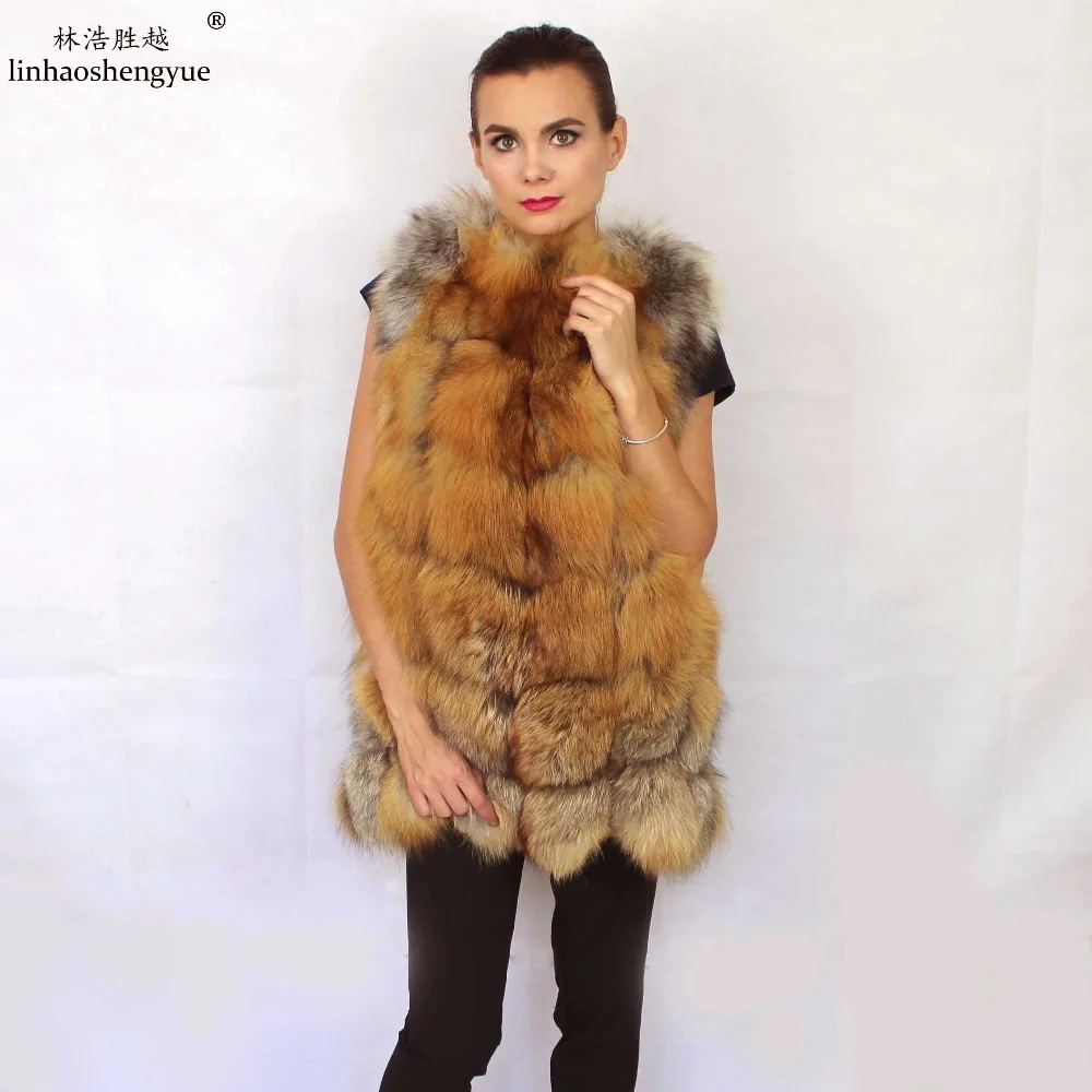 Linhaoshengyue Real   Red  Fox   Natural  Fur Vest Natural Fox Fur Women Vest Real Natural Fox Fur