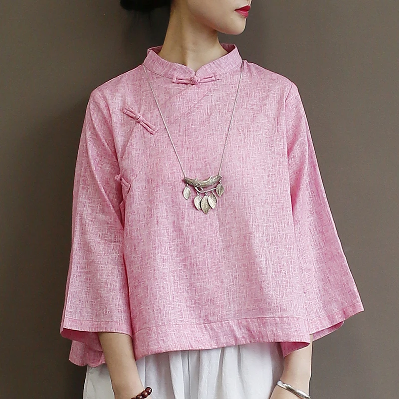 

2019 New Clothes Women Tops Vintage Three Quarter Sleeve Button Stand Collar Solid Shirt Cotton Linen Women Blouses