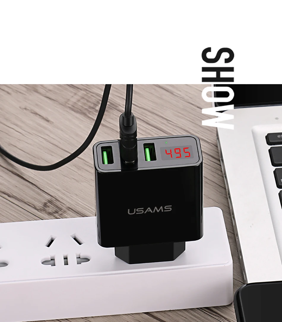 USAMS 3 порта USB зарядное устройство светодиодный дисплей EU штекер 3A Быстрая зарядка дорожное настенное зарядное устройство для iPhone samsung зарядное устройство для мобильного телефона