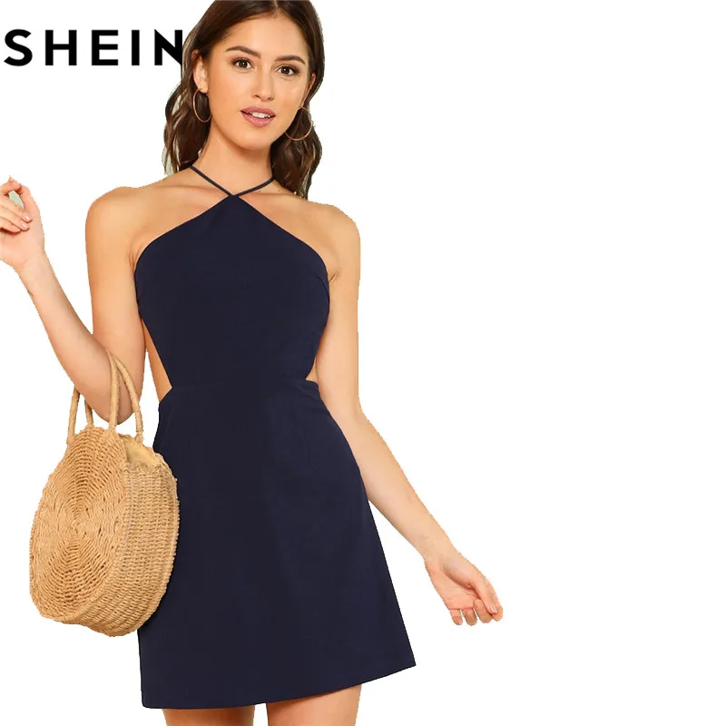 SHEIN Однотонное Платье С Открытой Спиной Женское Сексуальное Платье Без Рукавов Летние Короткие Платья Для Вечеринки