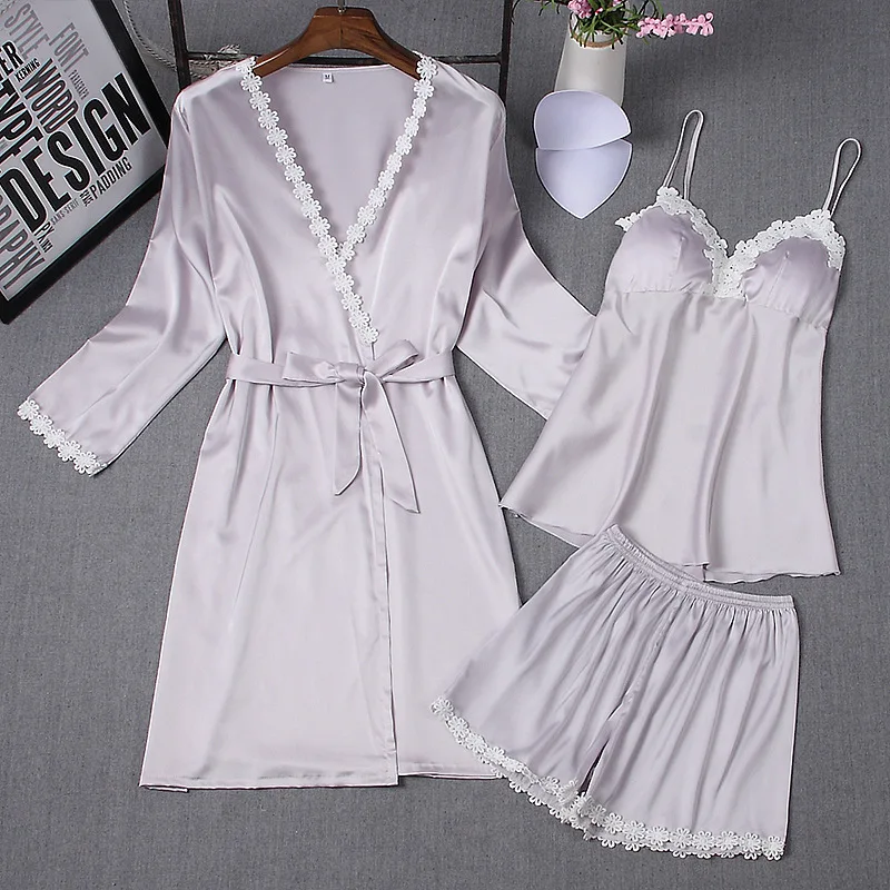 

Female Sleepwear Sexy Lace Sleep Lounge Silk Pajamas Satin Pajamas for Women Elegant Sexy Women Pijama 3 Pieces Home Clothing