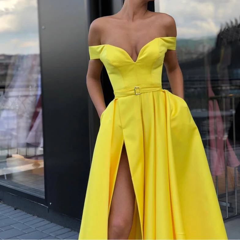 

Sweetheart A-Line Evening Dress with Slit Pockets Off the Shoulder Satin Yellow vestido de fiesta Long Party Dresses
