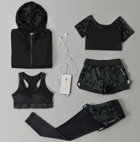 Женский комплект из 6 предметов для бега, быстросохнущая камуфляжная одежда для йоги, женская одежда для фитнеса спортзала, спортивный костюм - Цвет: 5 piece set c