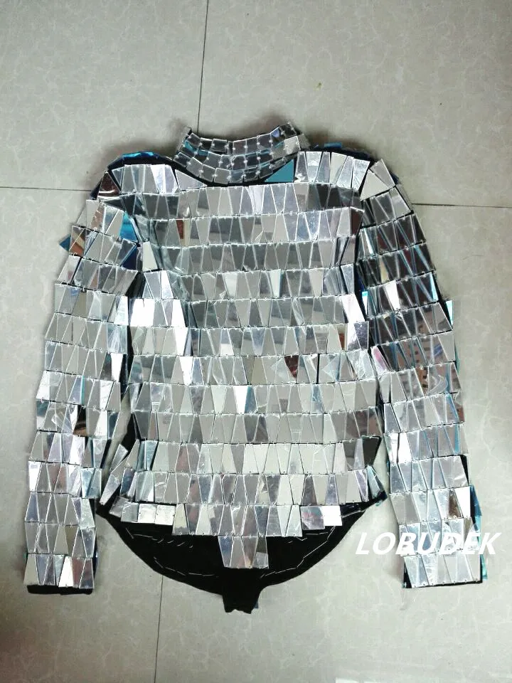 Women Silvery Reflective mirror Bodysuit Double-sided Hand Sewing Sequins Long Sleeve Bodysuits Singer DJ Catwalk Stage Costumes